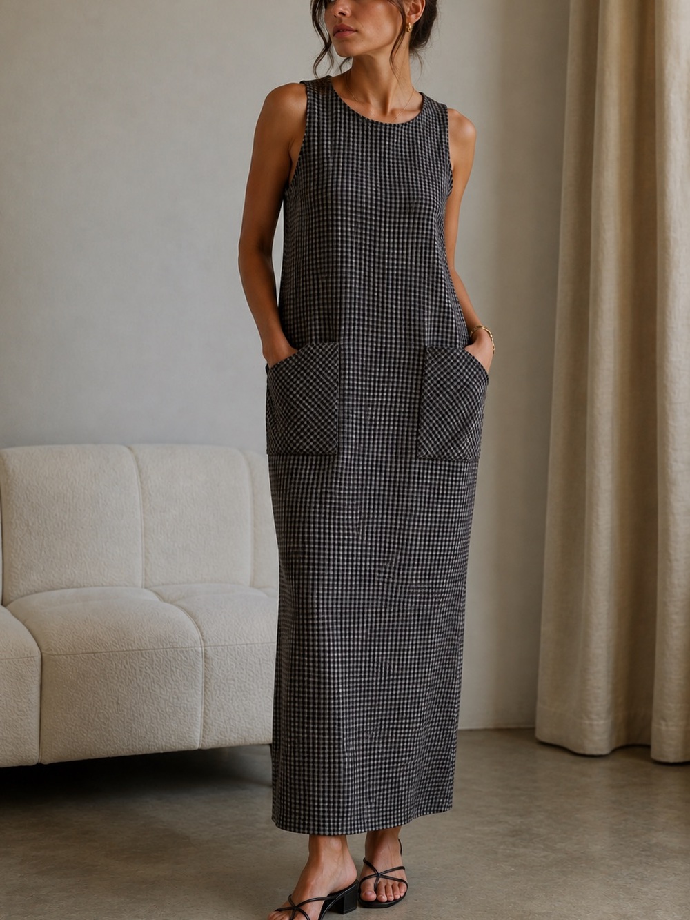 Norm Thompson Vintage 90s Linen Plaid Oversized Baggy Maxi Jumper Dress XS Clean